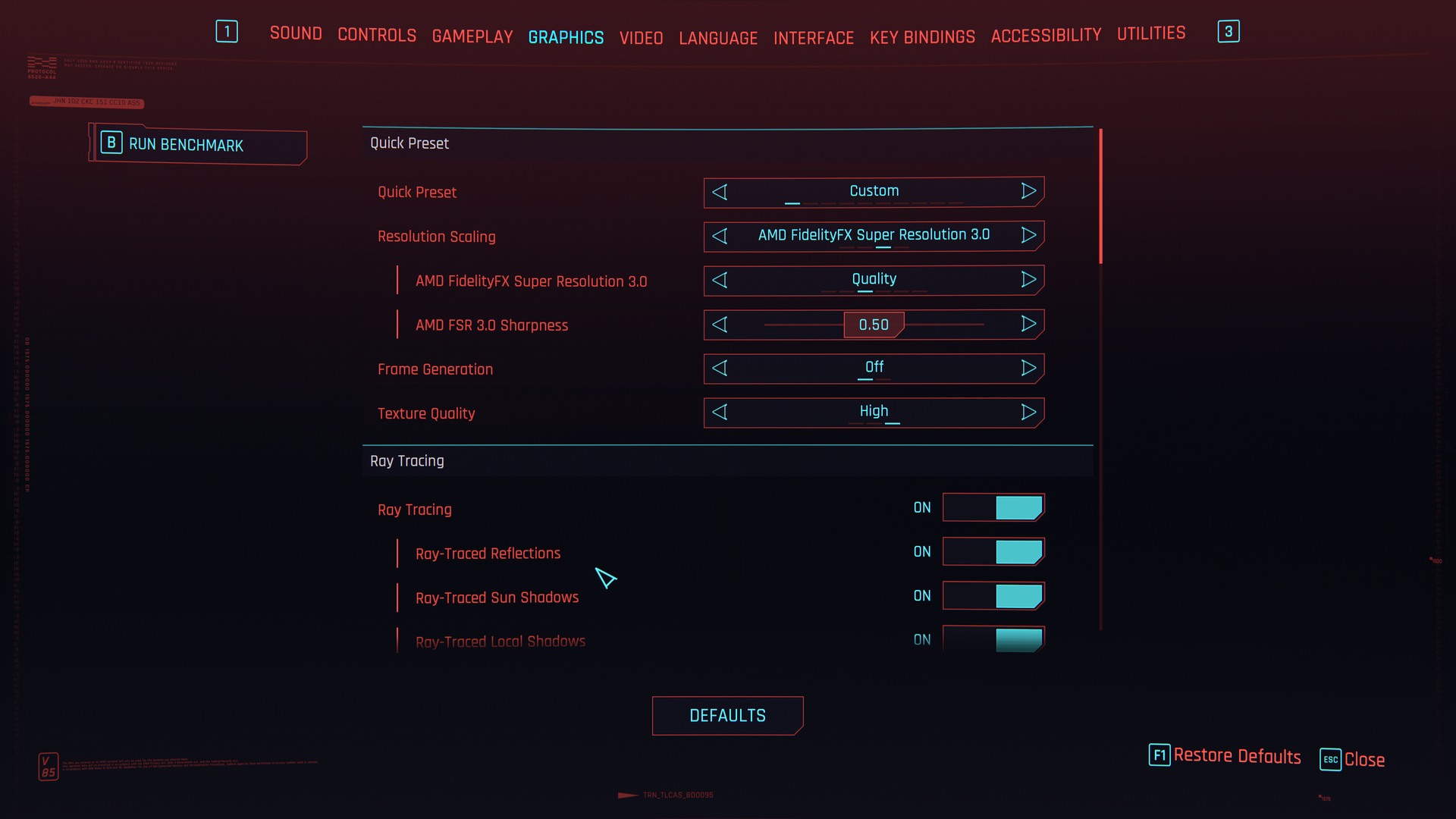 A screenshot of the graphics options menu in Cyberpunk 2077, showing FSR 3.0 engaged.