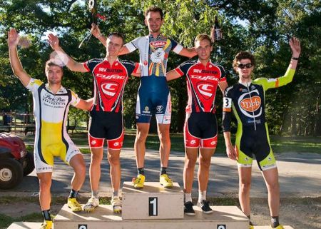The podium (l-r) Bryan Fawley (Park Place Dealerships), Valentin Scherz (Cyfac), Davide Frattini (Hudz\Subaru), Anthony Grand (Cyfac) and Travis Livermon (Mock Orange).