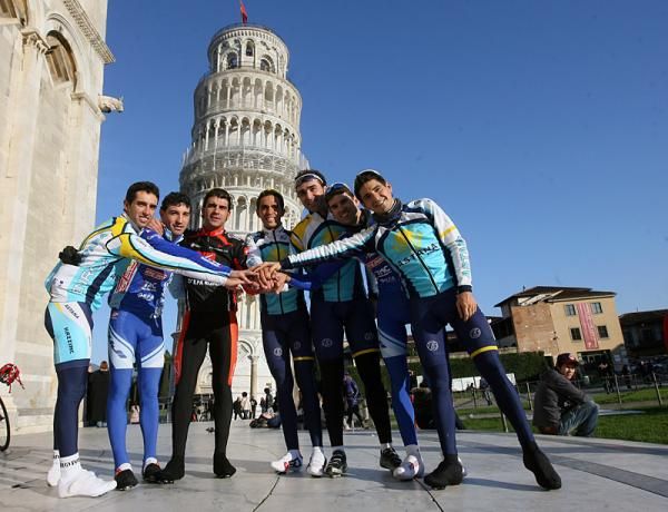 Members of the Astana team at the Leaning Tower of Pisa during the team's first training camp for the 2010 season.