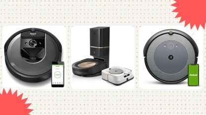 Three of the best Roomba Black Friday deals shown side-by-side against a festive polka dot background