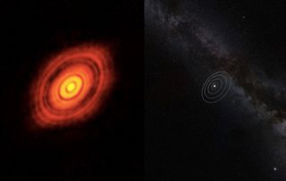 The protoplanetary disk around HL Tauri, a million-year-old sunlike star located about 450 light-years from Earth in the constellation Taurus, dwarfs our solar system (right). Taken by the ALMA array, this image reveals a series of concentric and bright rings, separated by gaps — features astronomers have struggled to explain until now.