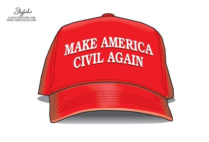 Political Cartoon U.S. Trump MAGA Make America Civil Again Sarah Huckabee Sanders The Red Hen restaurant hat