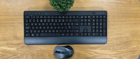 Trust Trezo Comfort Wireless Keyboard and Mouse on wooden desk with plant