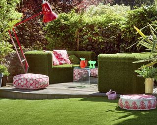 artificial grass in outdoor living space with seating