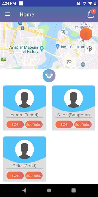 Family members are shown in a drawer, with dedicated buttons to edit permissions and send SOS alerts.