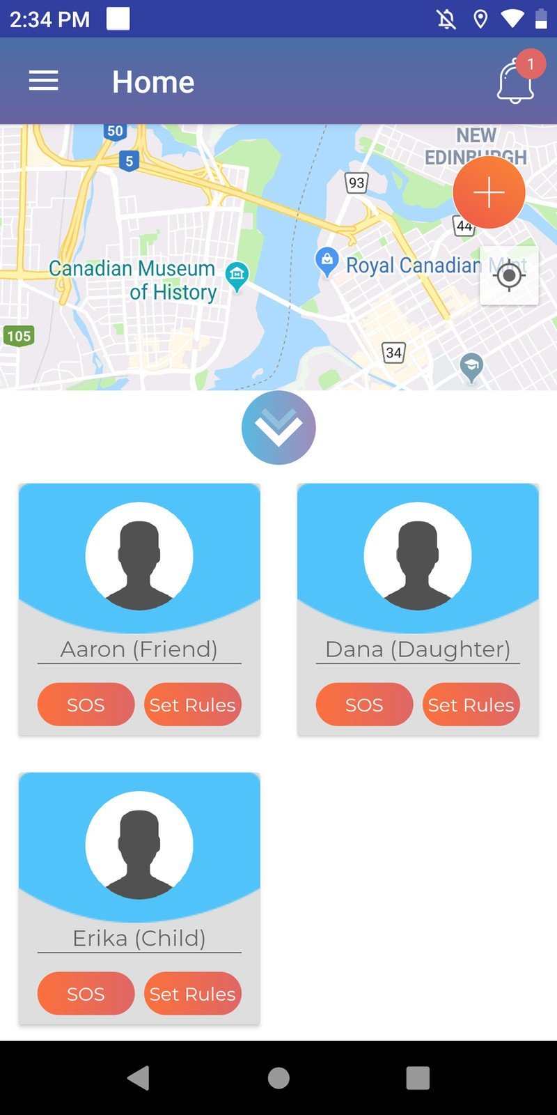 Family members are shown in a drawer, with dedicated buttons to edit permissions and send SOS alerts.