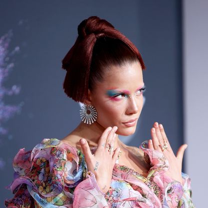 Beauty, Pink, Fashion, Model, Fashion design, Photo shoot, Dress, Shoulder, Costume, Kimono, 