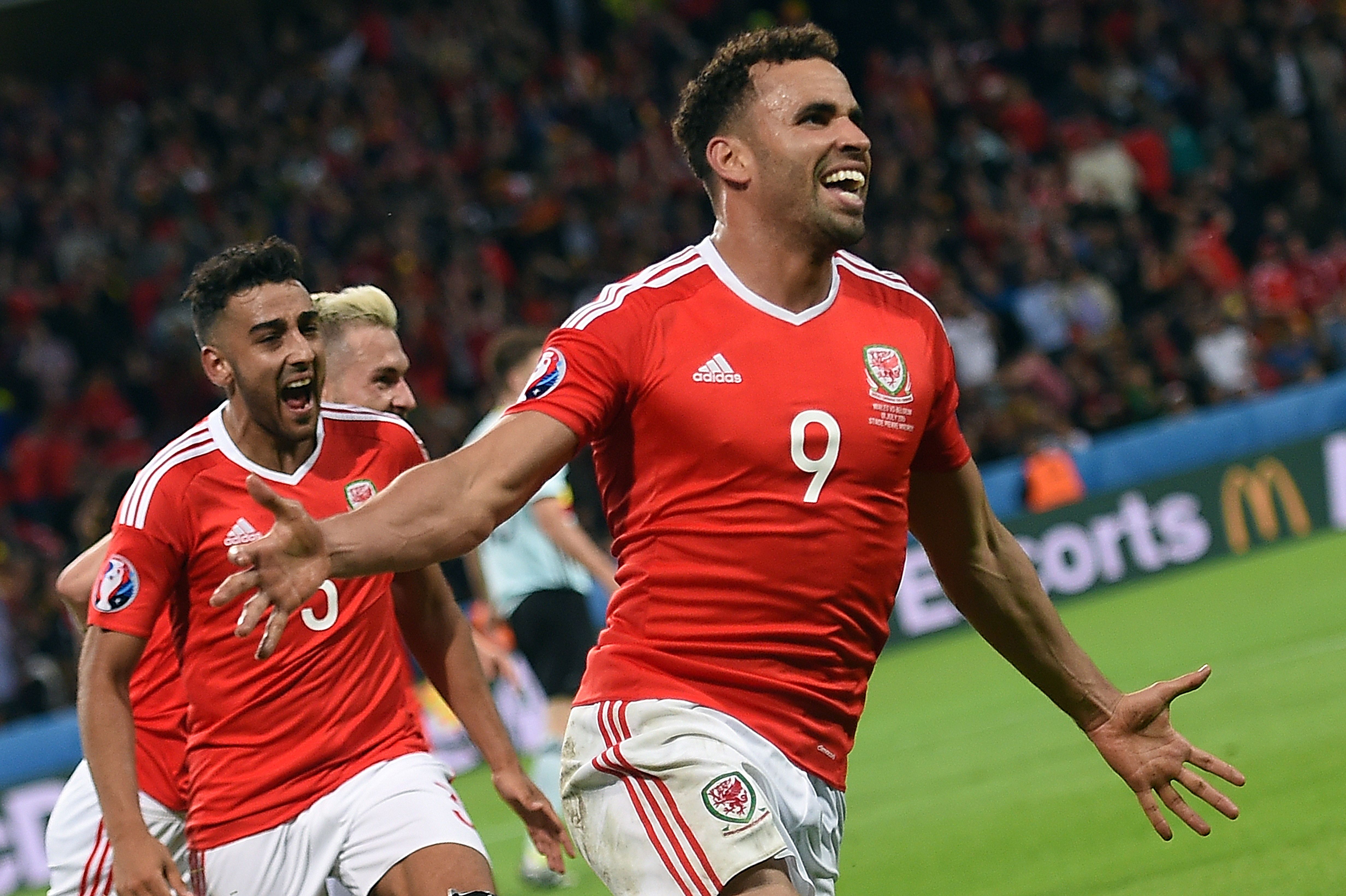 Hal Robson-Kanu celebrates after scoring for Wales against Belgium at Euro 2016.