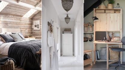 Three images in a header, including a bedroom, a white hallway and a desk in a home office