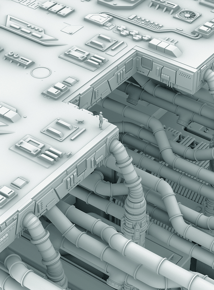 3D art showing a dystopian scene in process with clay dressing