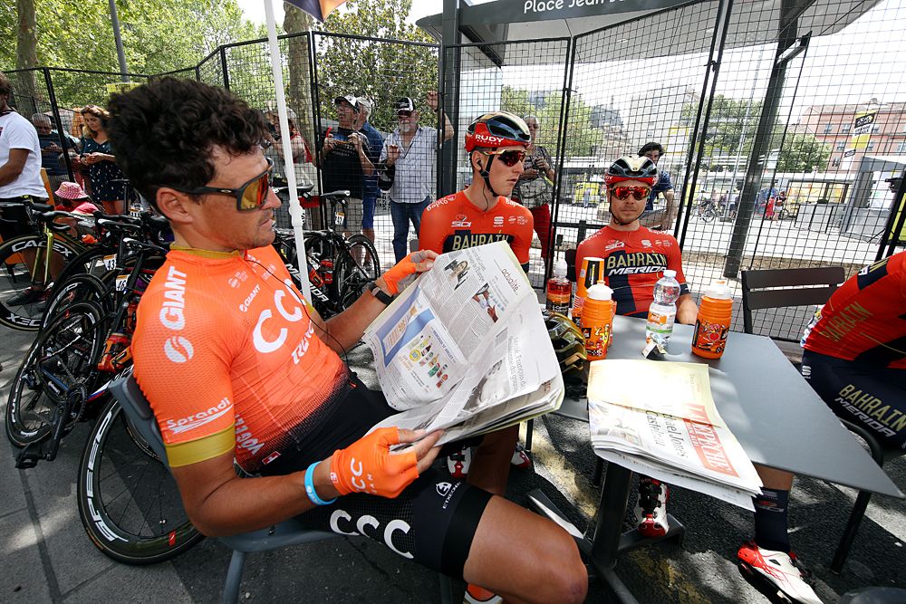 Greg Van Avermaet (CCC) reading the newspaper before the stage 11 start at the Tour de France