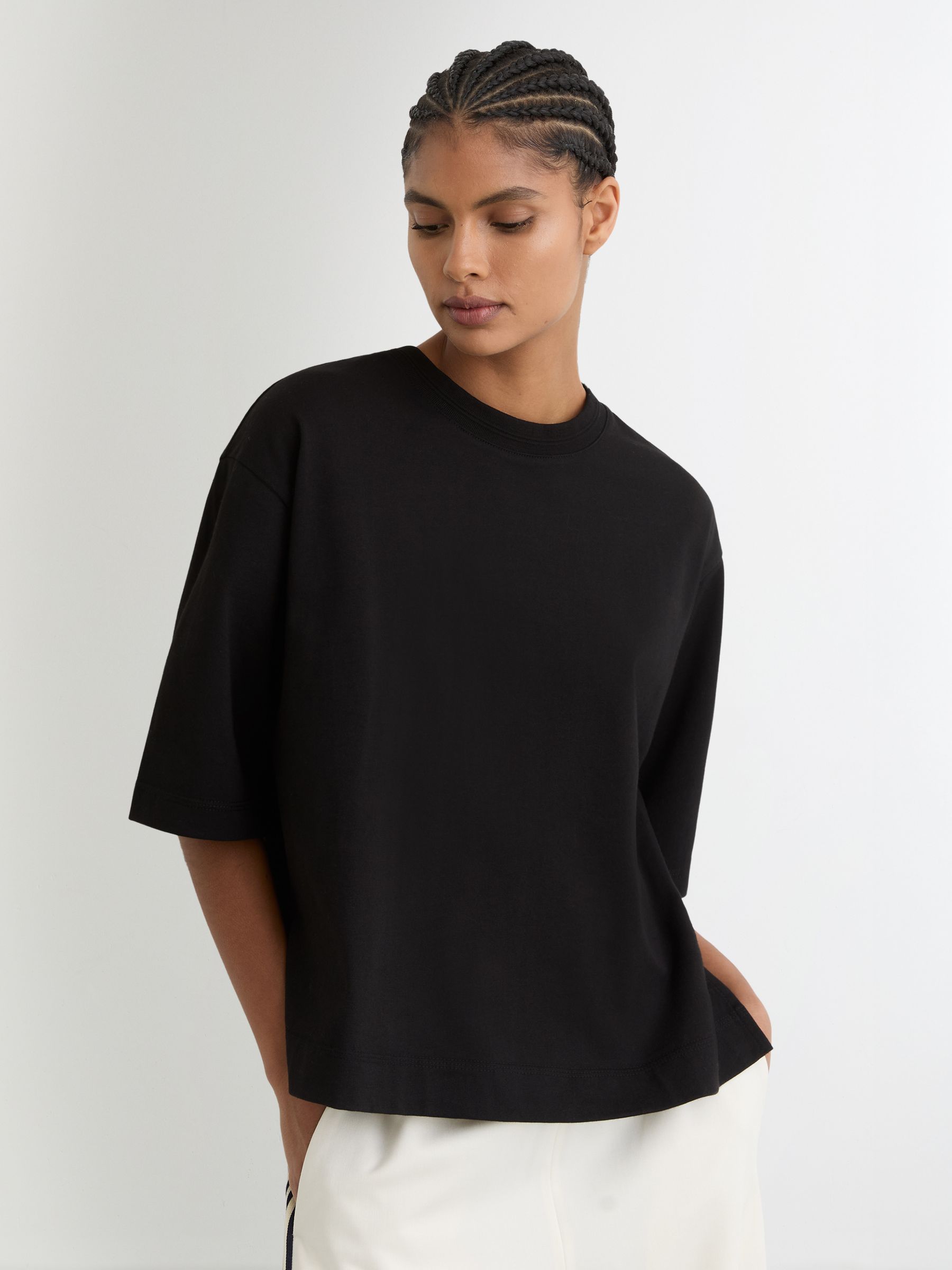 Cotton Ribbed-Neck Oversized T-Shirt in Black