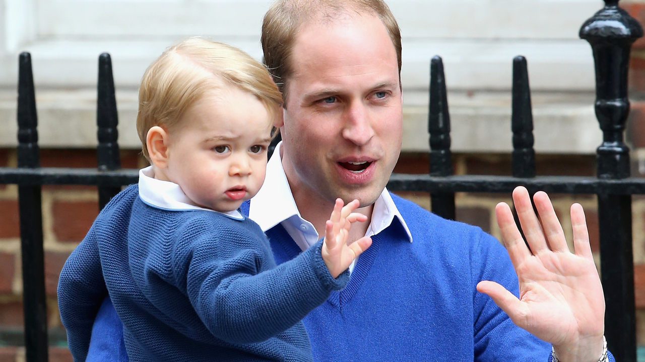 Prince William, Duke of Cambridge and Prince George of Cambridge arrive at the Lindo Wing after Catherine, Duchess of Cambridge gave birth to a baby girl at St Mary&#039;s Hospital on May 2, 2015 in London, England