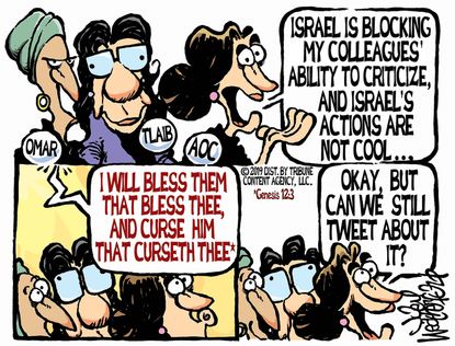 Political Cartoon U.S. AOC The Squad Banned From Israel BDS Occupation Genesis 12:3