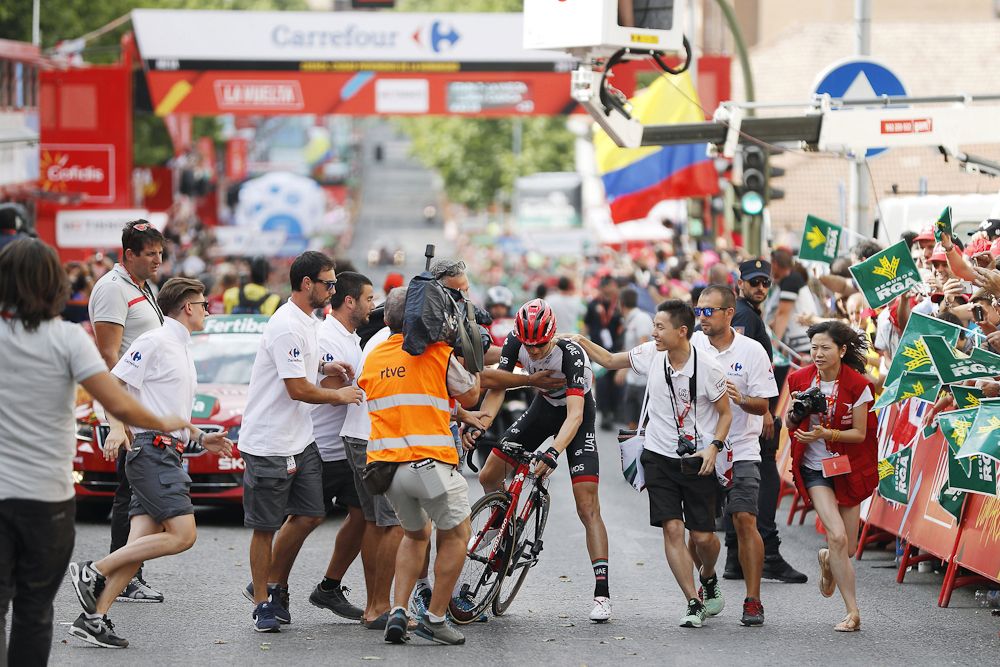 Matej Mohoric (UAE Team Emirates) is mobbed after winning stage 7 of the Vuelta a Espana