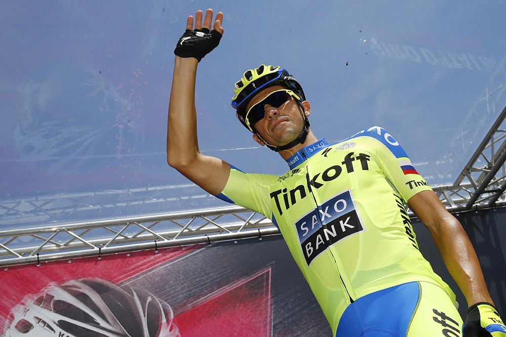 Alberto Contador (Tinkoff-Saxo) waves to fans prior the start of the fourth stage of the 98th Giro d'Italia