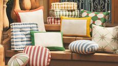 A stack of different cushions pictured on outdoor steps