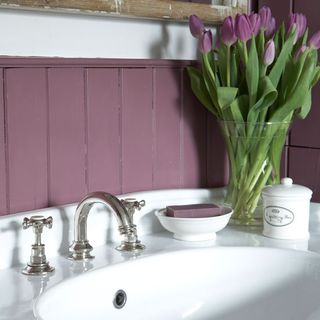 bathroom with purple coloured wall and white wash basin