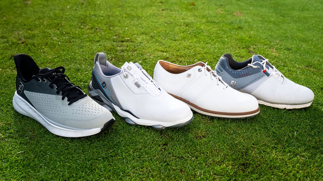 A compliation of FootJoy golf shoes on a tee box 