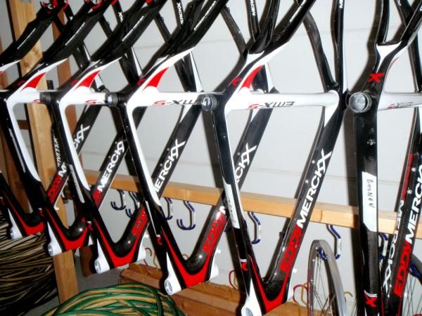 Tom Boonen's name is emblazoned on these spare frames, but they could end up beneath the members of the team who ride the same size as their captain.