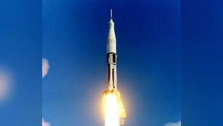 NASA's first Saturn 1B rocket launches into space carrying the first Apollo spacecraft on Feb. 26, 1966.