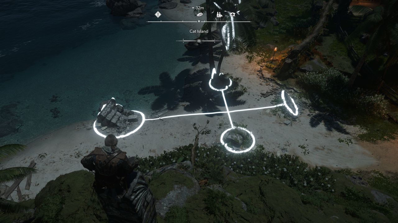 Black Flag Mayan stones: Edward crouched on top of the stele solving the puzzle in the ruins below.