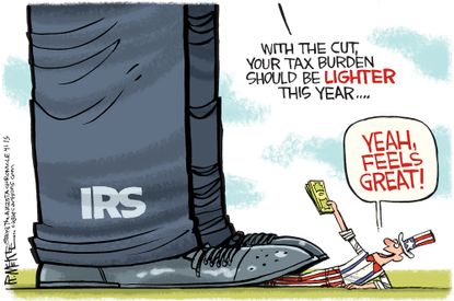 Political cartoon U.S. tax season IRS tax cut Trump Uncle Sam