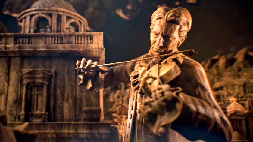 Civilization 7: a screenshot of a bronze man playing the violin during the trailer for Civilization 7. 