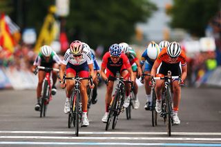 Great Britain's Lizzie Deignan – née Armitstead – sprints to victory in the elite women's road race at the 2015 UCI Road World Championships in Richmond, Virginia, in the USA