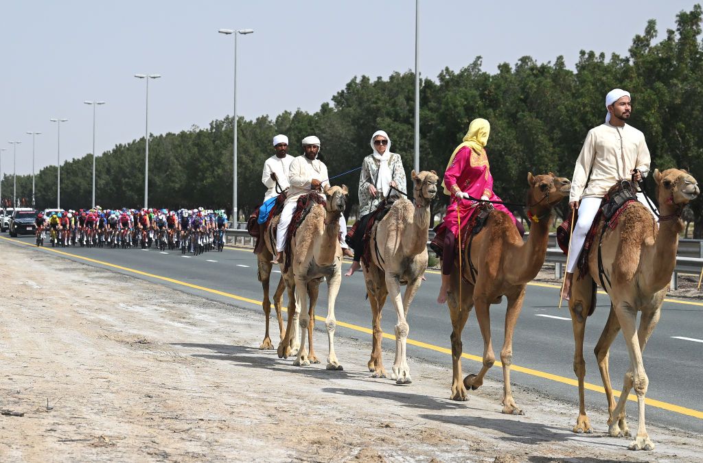 DUBAI UNITED ARAB EMIRATES FEBRUARY 21 Peloton riders compete alongside a group of camels during the 7th UAE Tour 2025 Stage 5 a 160km stage from American University Dubai to American University Dubai UCIWWT on February 21 2025 in Dubai United Arab Emirates Photo by Dario BelingheriGetty Images