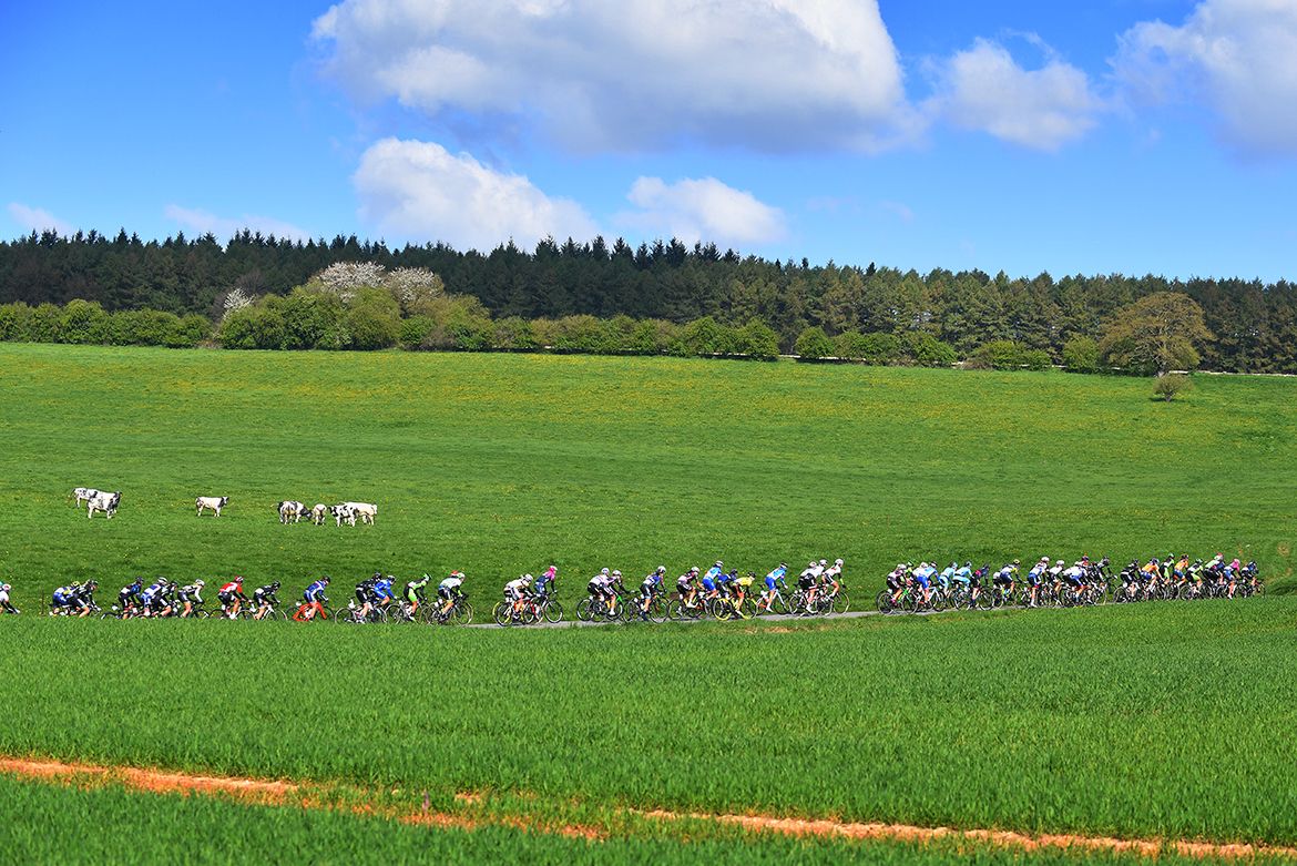 The peloton rolls through the Walloon countryside en route to the Mur de Huy.