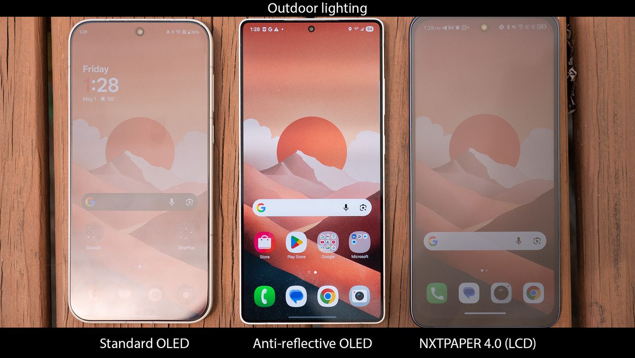 Comparing NXTPAPER 4.0 on the TCL NXTPAPER 70 Pro with anti-reflective OLED on the Samsung Galaxy S25 Ultra, as well as standard OLED on a OnePlus 15