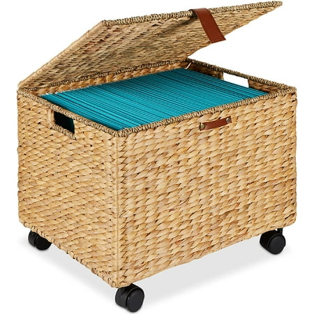 Bloom Water Hyacinth Rolling Filing Cabinet, Woven Mobile Storage Basket, Portable File Organizer for Legal & Letter Size Memos W/lid, 4 Locking Wheels - Natural