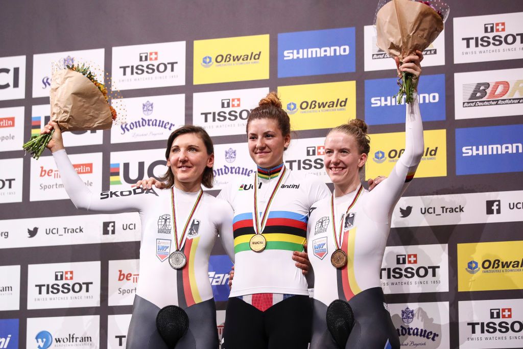 BERLIN GERMANY FEBRUARY 29 LR Silver medalist Lisa Brennauer of Germany Gold medalist Chloe Dygert of USA and Bronze Medalist Franziska Brausse of Germany pose on the podium after during day 4 of the UCI Track Cycling World Championships Berlin at Velodrom on February 29 2020 in Berlin Germany Photo by Maja HitijGetty Images