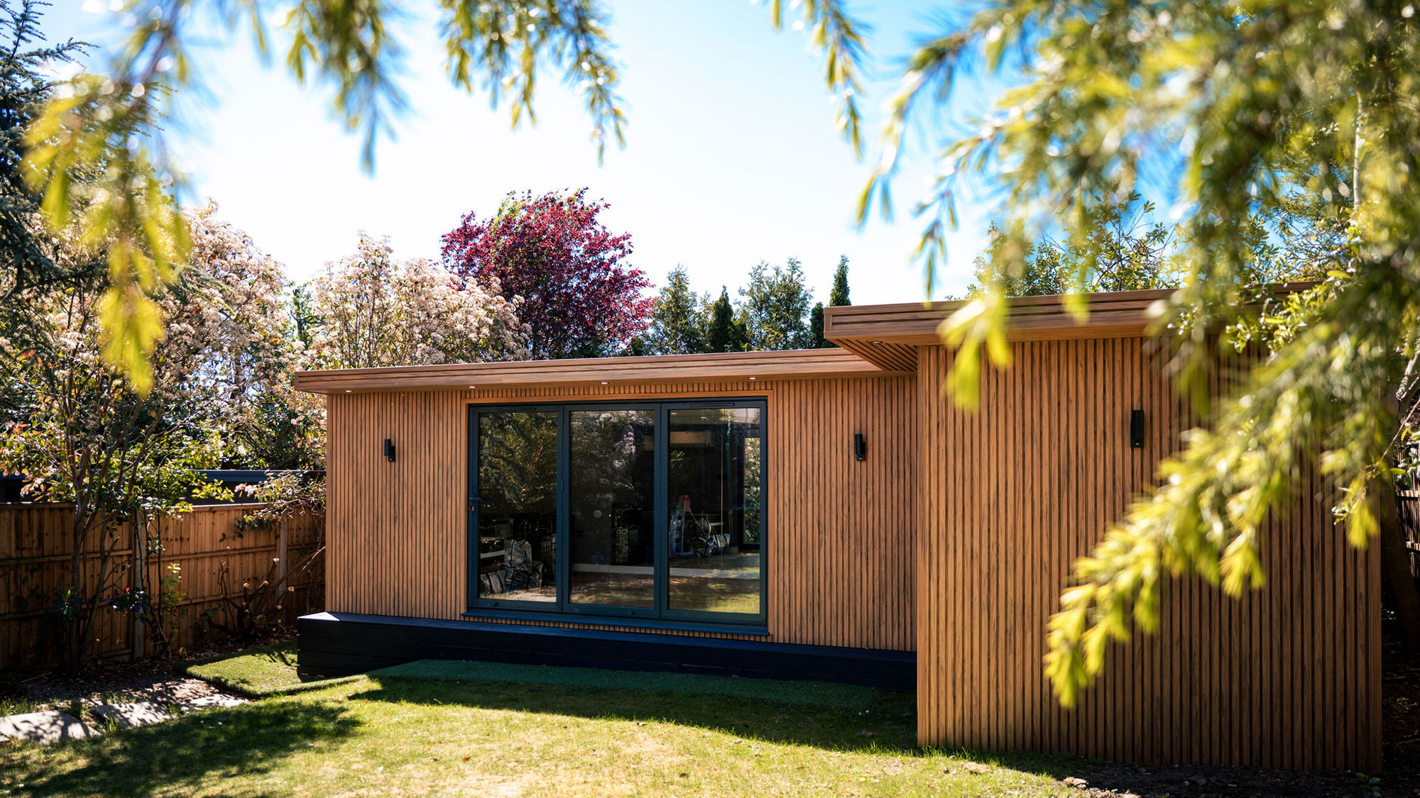 timber-clad garden room with bifolding doors
