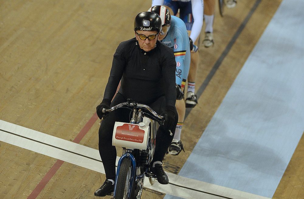 Riders line up behind the derny during the Women's Keirin Semi-Final