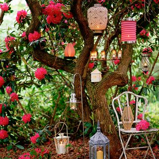 garden area with tree and hanging lanterns with metal chair