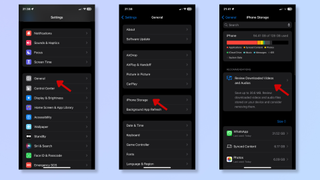 The first screenshot shows the Settings app on iPhone, with a red arrow pointing at General. The second screenshot shows the General menu in Settings, with a red arrow pointing at iPhone Storage. The third screenshot shows a red arrow pointing at recommendations in the iPhone Storage settings.