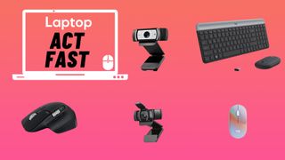 Logitech webcams, mice, keyboards on a gradient background with a Laptop Mag &quot;Act Fast&quot; deals badge in the upper-left corner