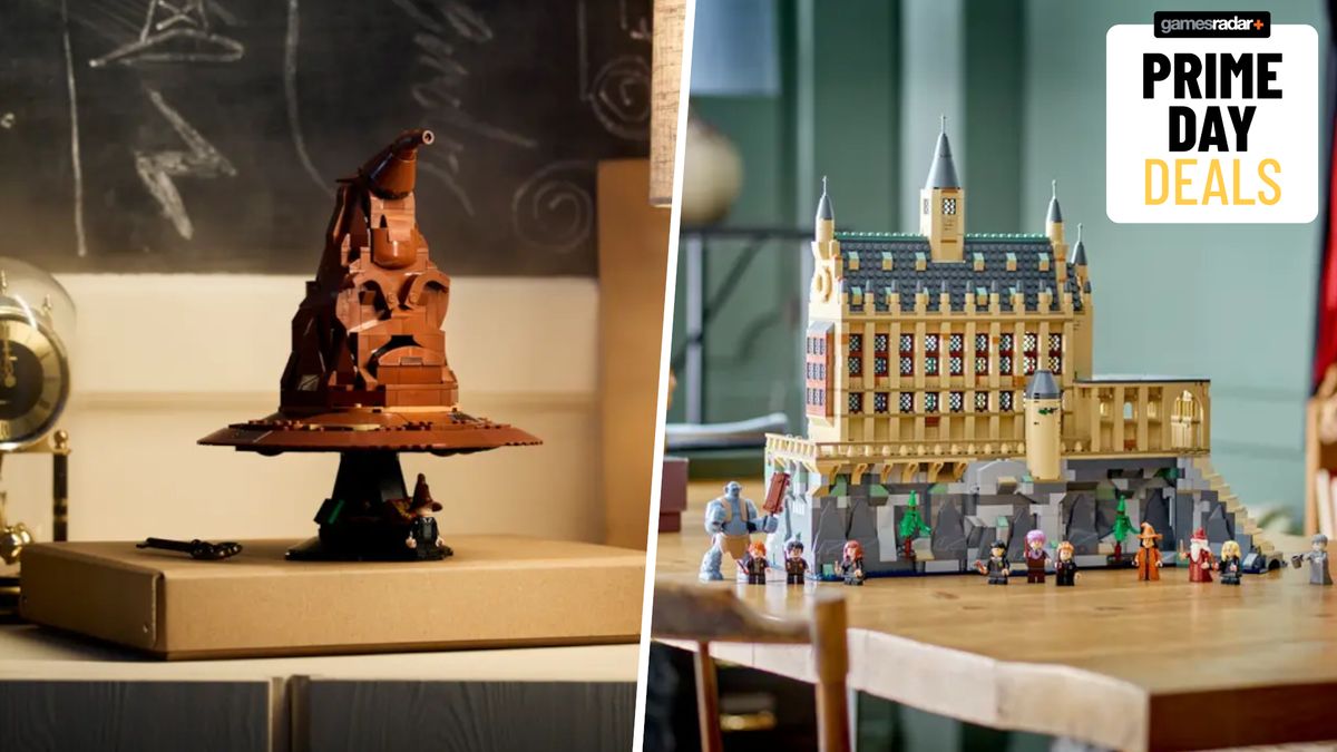 Lego Talking Sorting Hat and Lego Great Hall on tables, divided by a white line, with a &#039;Prime Day deals&#039; badge in the upper right-hand corner of the frame