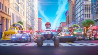 The Paw Patrol on the streets in Paw Patrol: The Mighty Movie