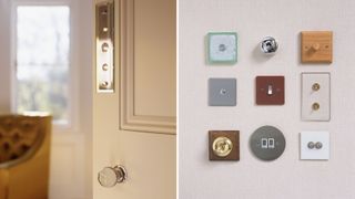Living room door with a decorative doorplate and a selection of decorative light switches to show how to transform a living room on a budget by swapping out old hardware for something more decorative