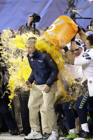 The Seattle Seahawks Players Get Gatoraded At The Denver Broncos vs Seattle Seahawks Super Bowl Game On Sunday Night