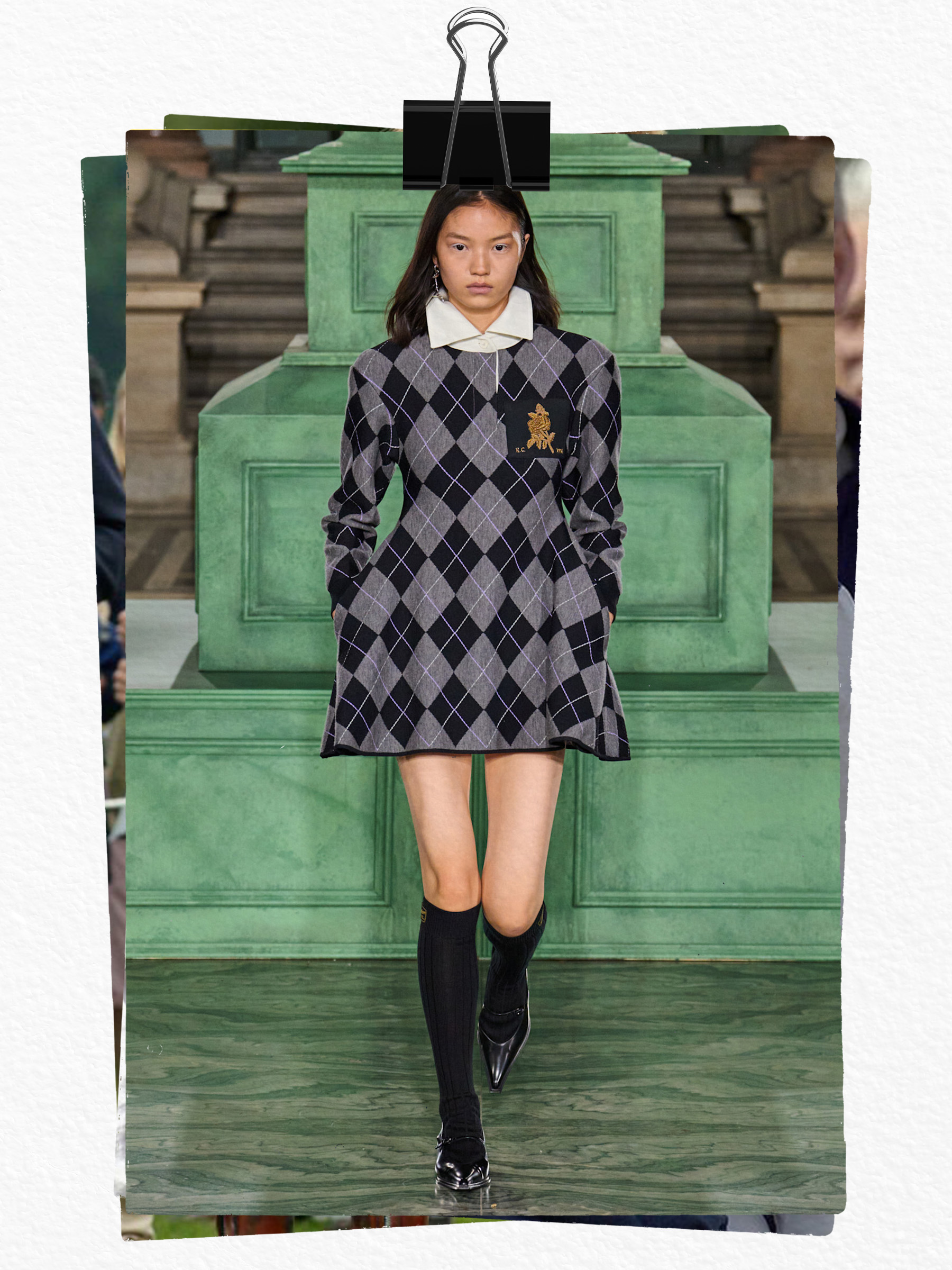 A model wears a knitted dress on the  Kent&Curwen runway