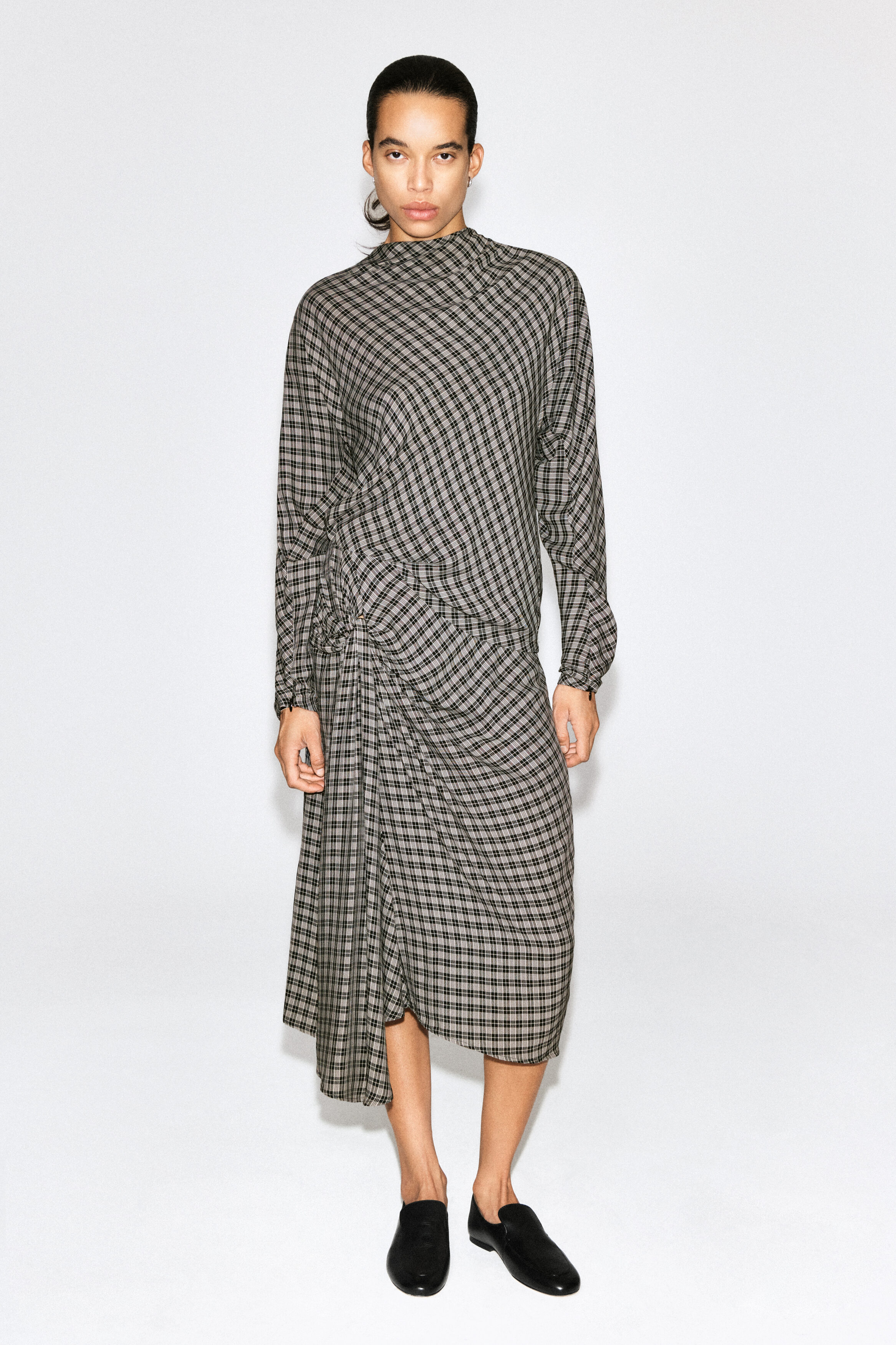 Draped Checked Midi Skirt