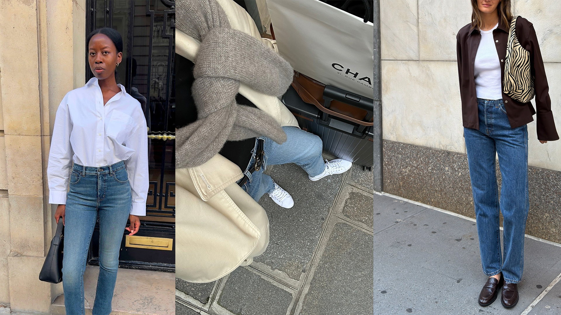 Collage of people wearing jeans with classic shoes.