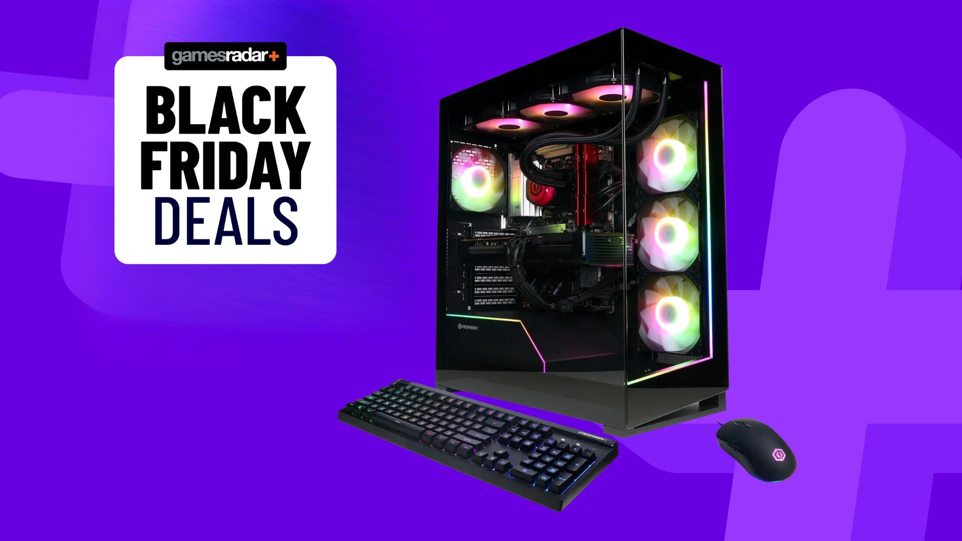 A CyberPowerPC gaming PC with its mouse and keyboard on a purple background