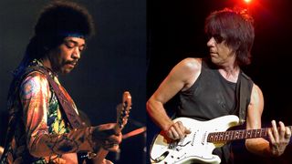 LEFT: Jimi Hendrix performs in Berlin, circa 1970. RIGHT:Jeff Beck performing at the Concord Pavilion in Concord, California on August 1, 2003. He plays a Fender Stratocaster guitar.