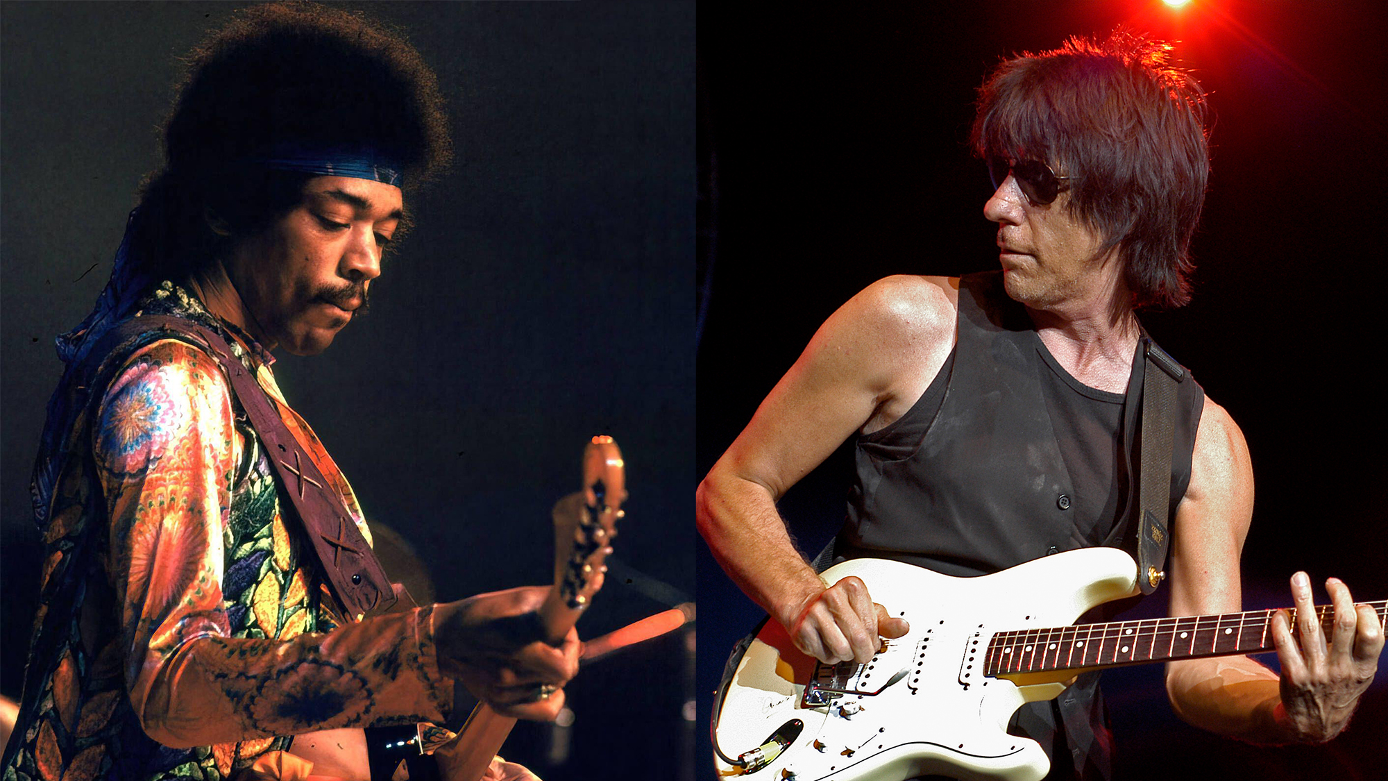 LEFT: Jimi Hendrix performs in Berlin, circa 1970. RIGHT:Jeff Beck performing at the Concord Pavilion in Concord, California on August 1, 2003. He plays a Fender Stratocaster guitar. 