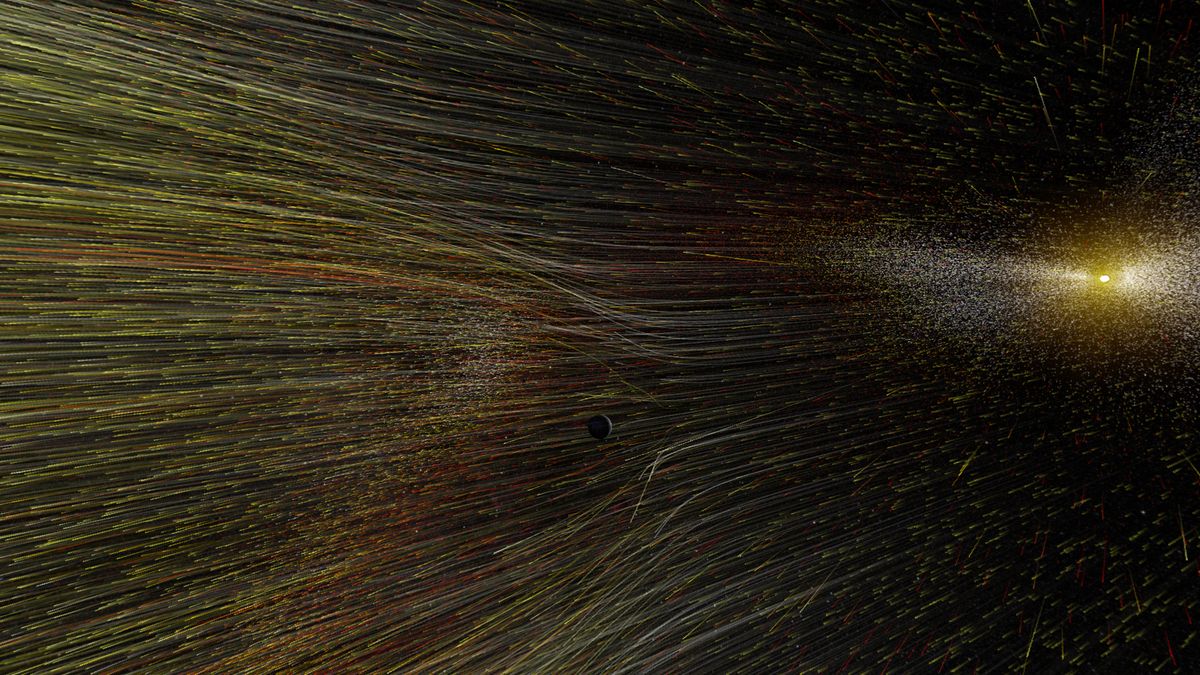 Artist&#039;s illustration showing solar wind particles flying through space.